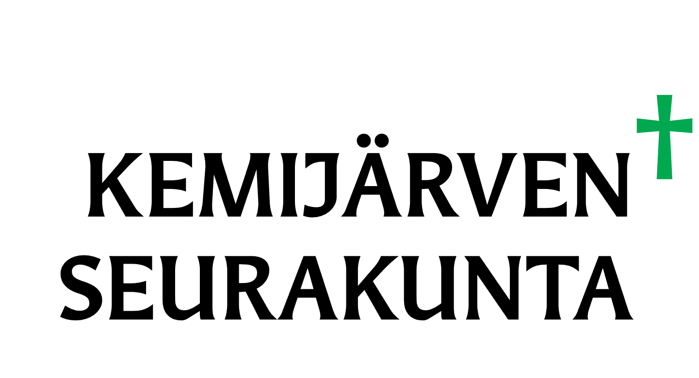 Kemijärven seurakunnan logo, Martti -fontilla kirjoitettu allekain Kemijärven seurakunta ja oikealla risti